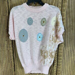 Vintage Carducci Sweater Sz L Novelty Knit Pink Pastel Gold Lace Accent 80s